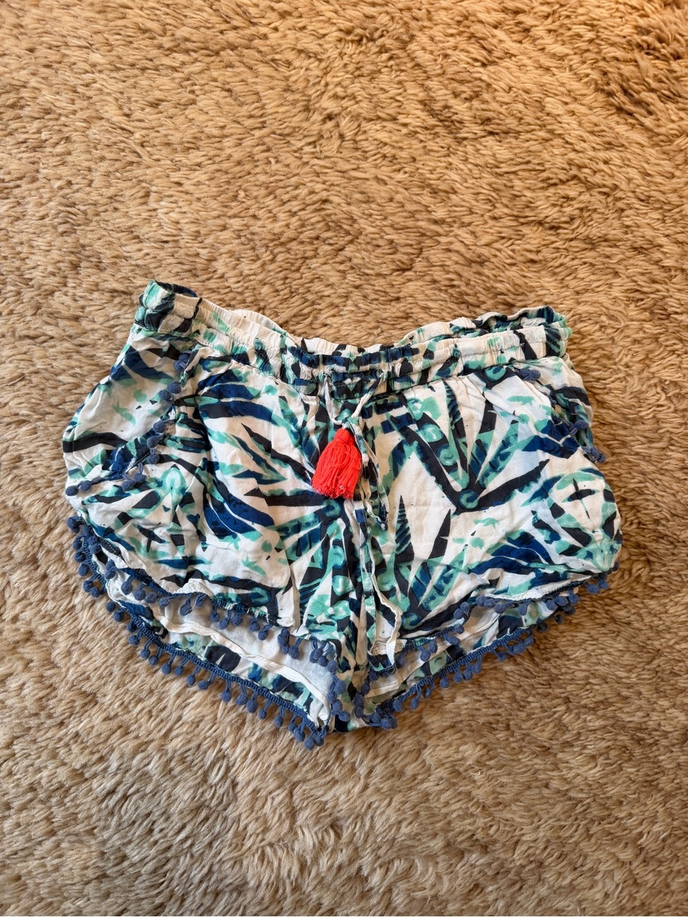 Scoop NYC Tropical Leaf Pom-Trim Shorts - White, Navy, Teal with Coral Tassel